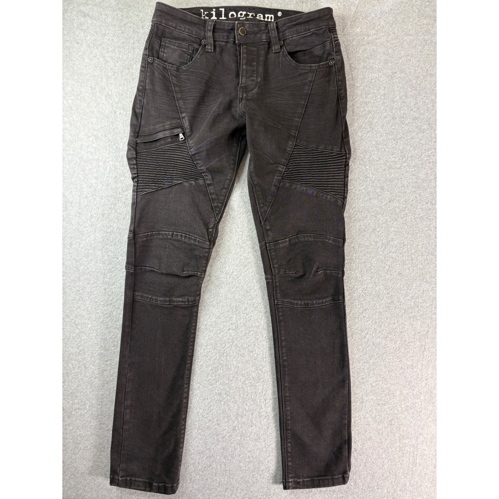 Kilogram Mens Moto Biker Jeans‎ Black Slim Fit Ribbed Panel Button Fly Size 32